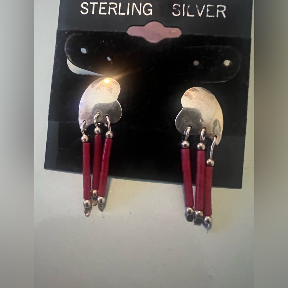 Rare Vintage Southwestern Sterling Silver Red Coral Dangle Heart Earrings